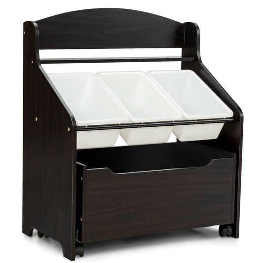 Kids Wooden Toy Storage Unit Organizer with Rolling Toy Box and Plastic Bins, Dark Brown Kids Storage Dark Brown at Gallery Canada