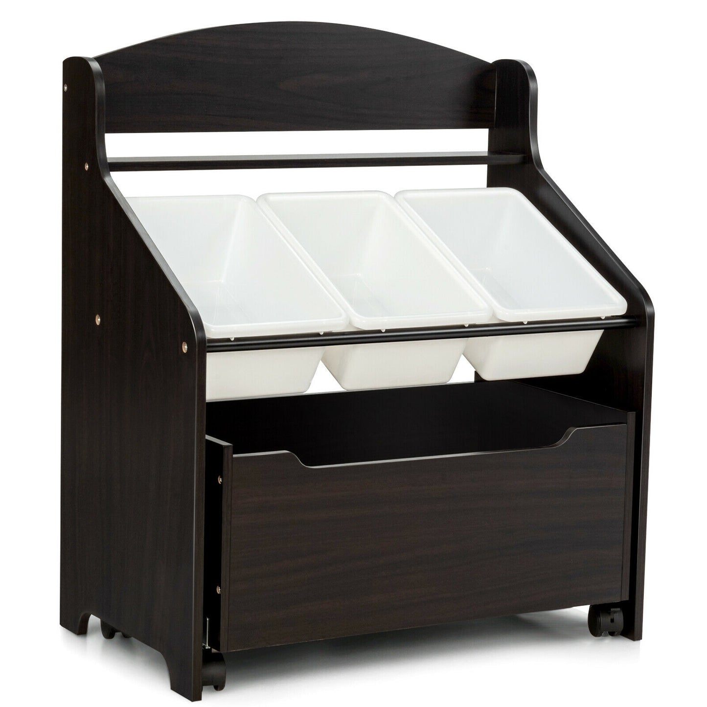 Kids Wooden Toy Storage Organizer, Rolling Toy Box, Plastic Bins, Dark Brown Kids Storage Dark Brown at Gallery Canada
