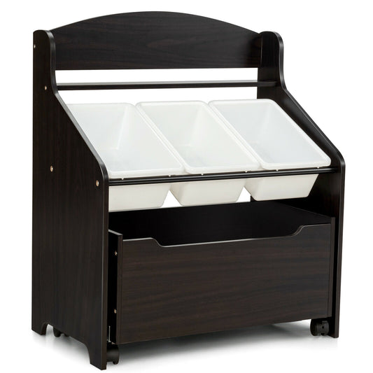 Kids Wooden Toy Storage Organizer, Rolling Toy Box, Plastic Bins, Dark Brown Kids Storage Dark Brown at Gallery Canada