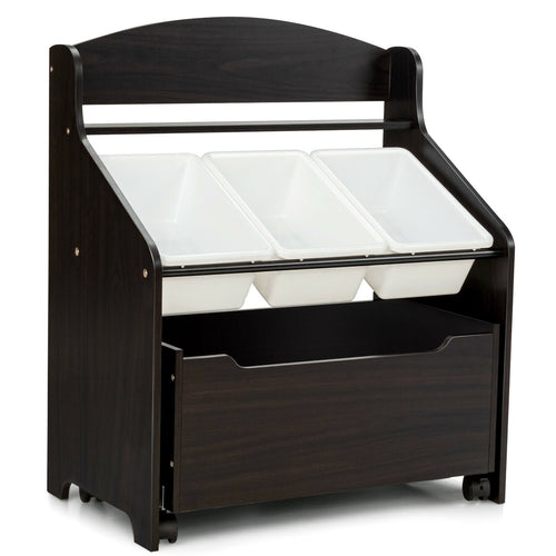 Kids Wooden Toy Storage Organizer, Rolling Toy Box, Plastic Bins, Dark Brown