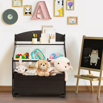 Kids Wooden Toy Storage Unit Organizer with Rolling Toy Box and Plastic Bins, Dark Brown - Gallery Canada