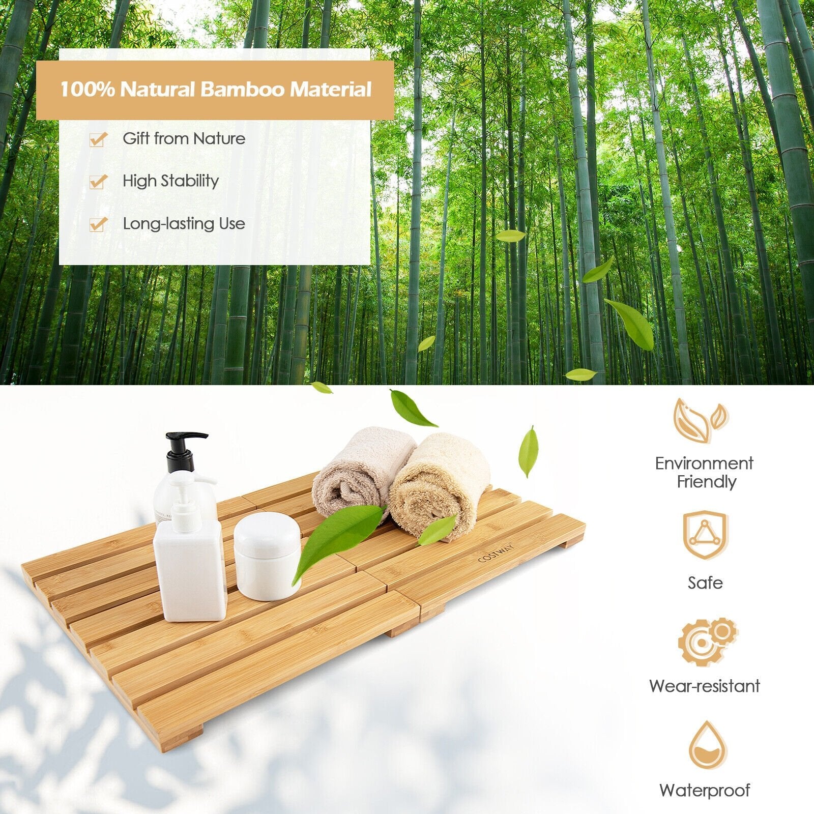 Bamboo Bath Mat with Non-slip Pads and Slatted Design, Natural - Gallery Canada