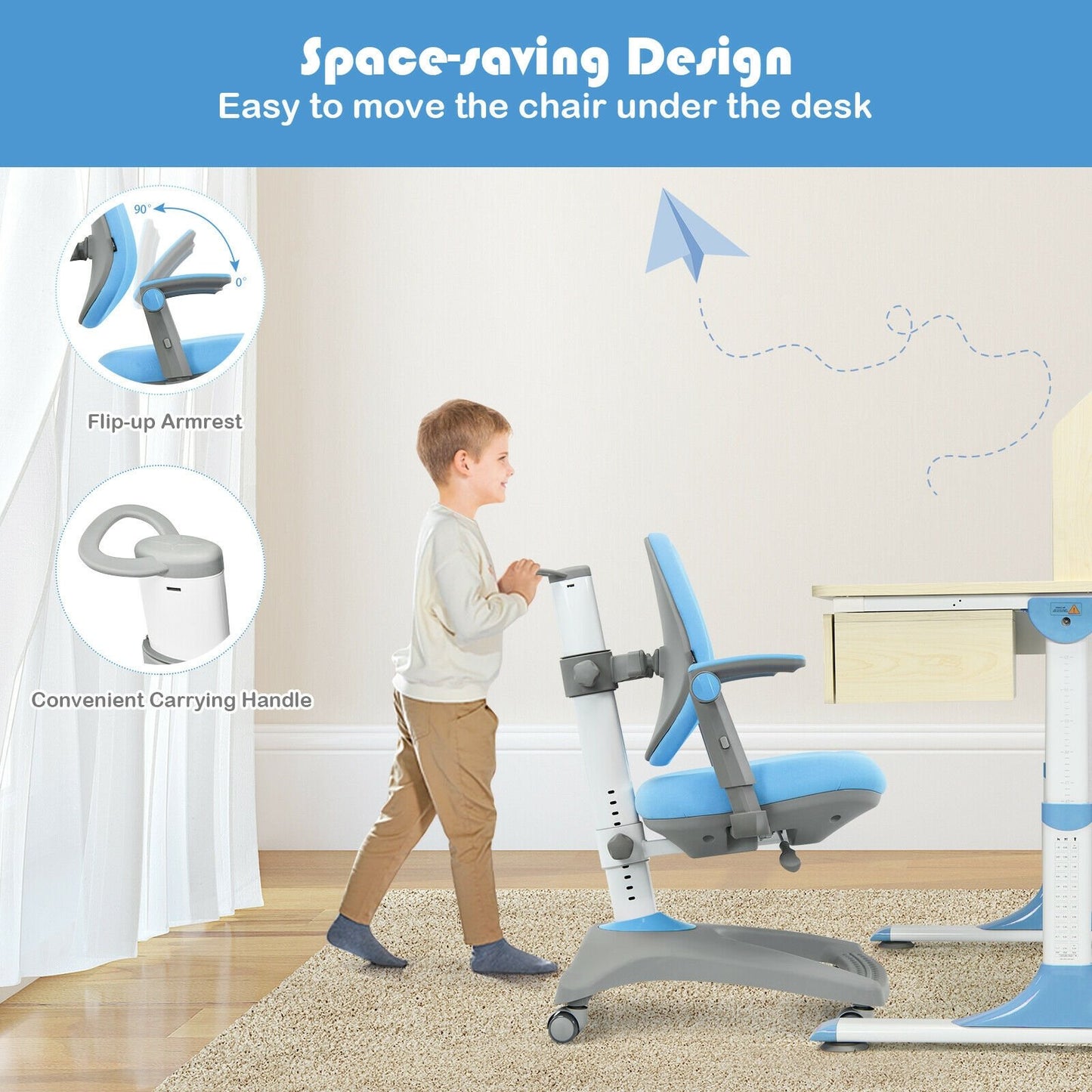 Kids Adjustable Height Depth Study Desk Chair with Sit-Brake Casters, Blue