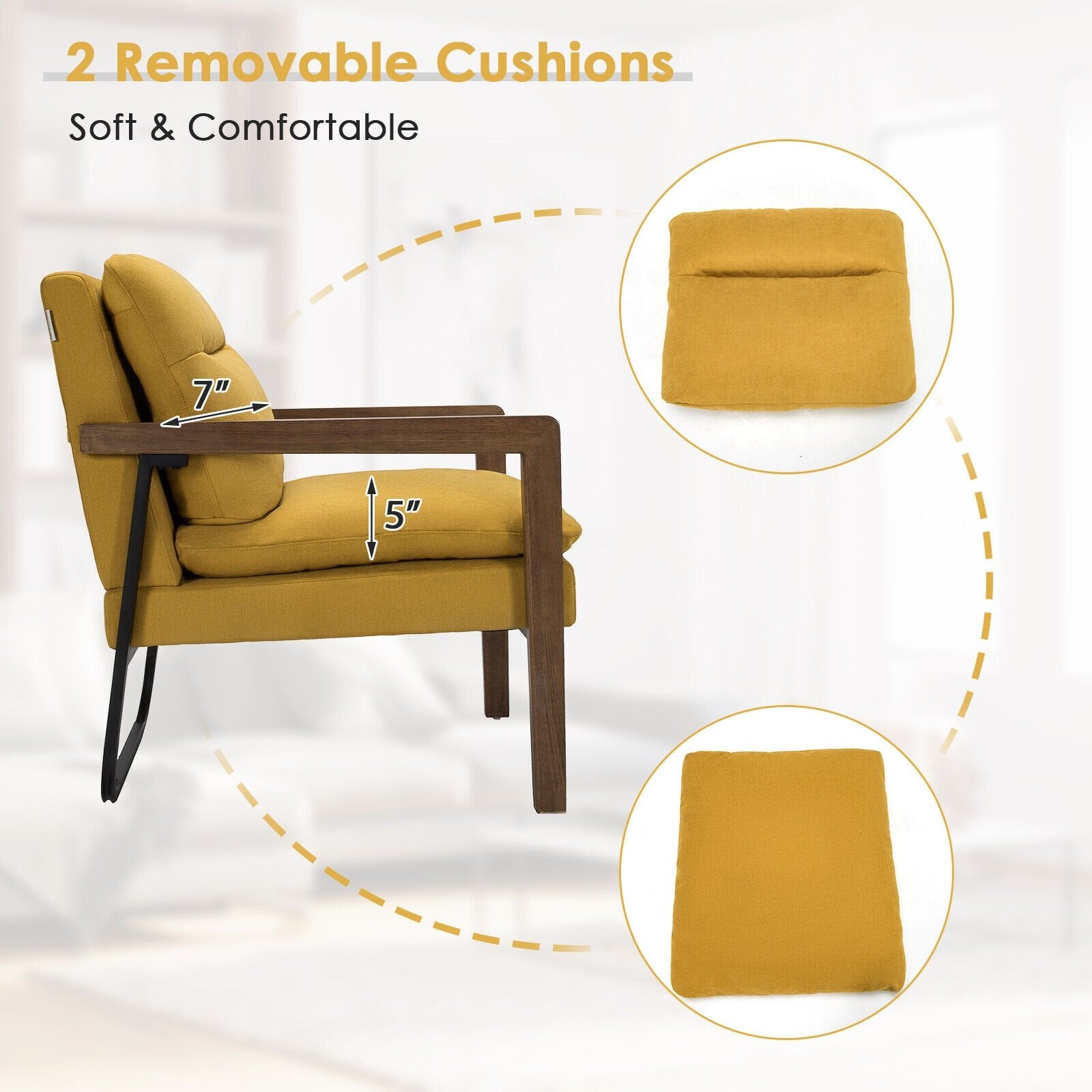 Single Sofa Chair with Extra-Thick Padded Backrest and Seat Cushion, Yellow - Gallery Canada
