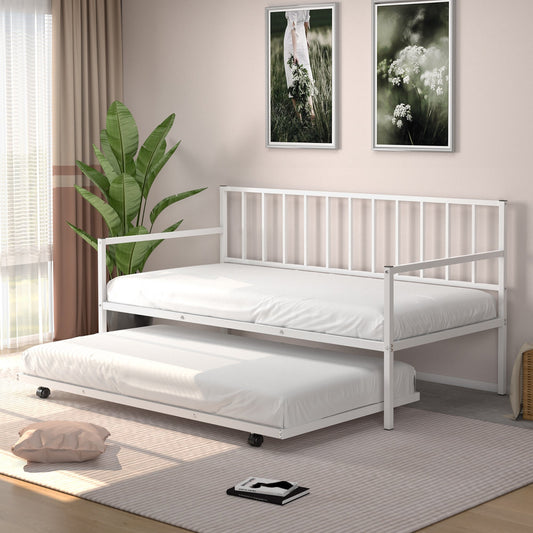 Twin Metal Daybed Sofa Bed Set with Roll Out Trundle, White - Gallery Canada