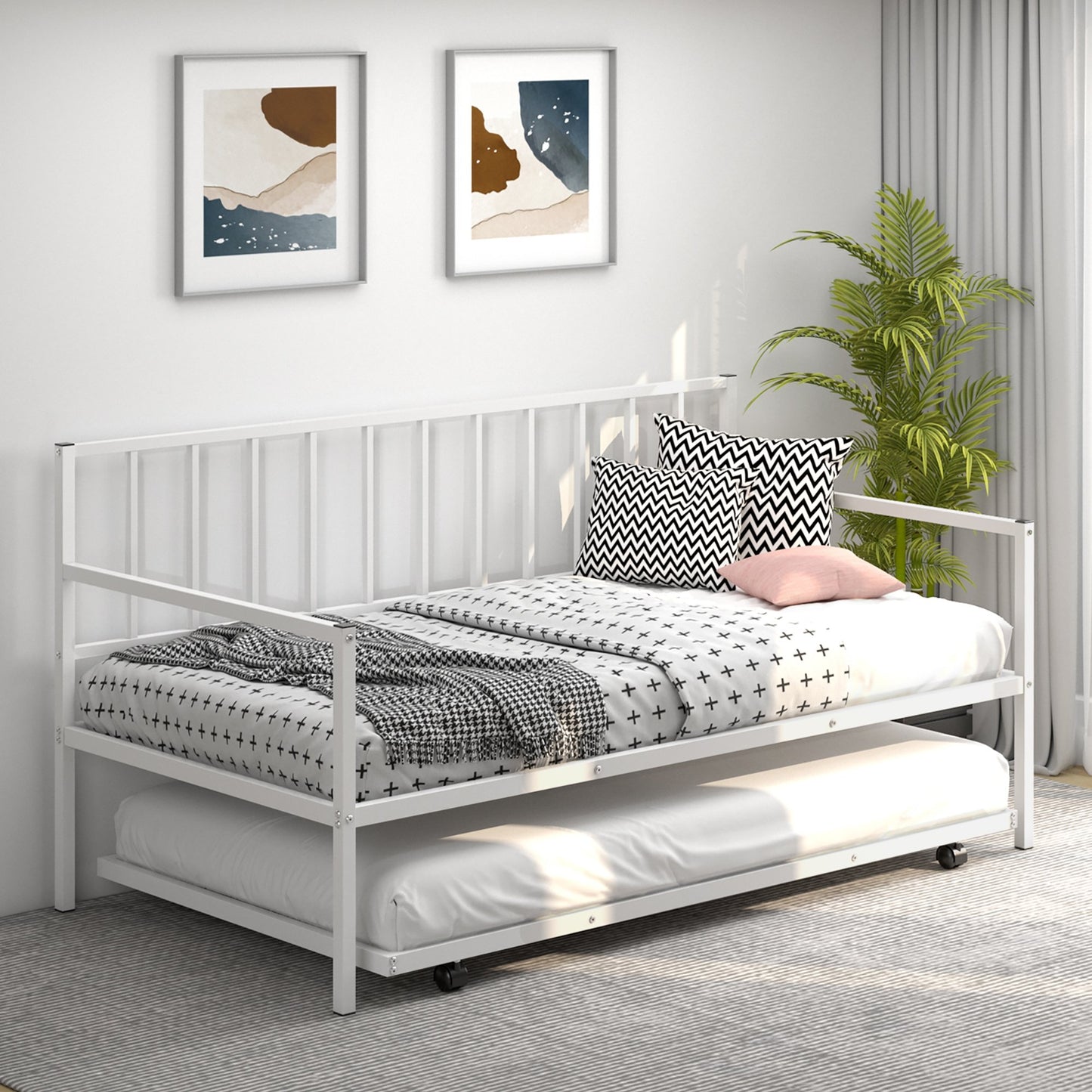 Twin Metal Daybed Sofa Bed Set with Roll Out Trundle, White - Gallery Canada