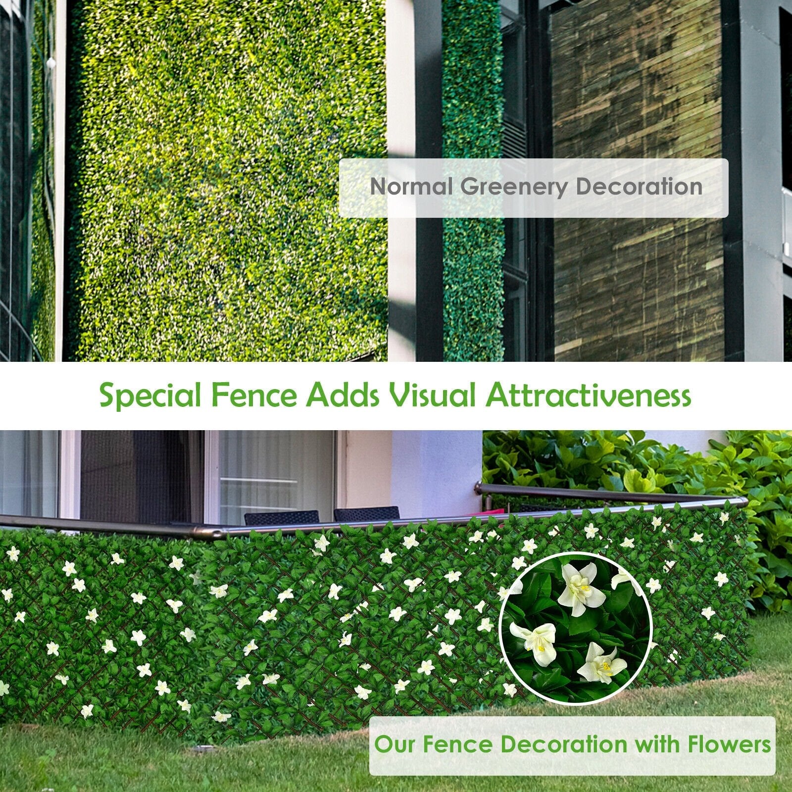 4 Pieces Expandable Faux Ivy Privacy Screen Fence Panel Pack with Flower, White - Gallery Canada