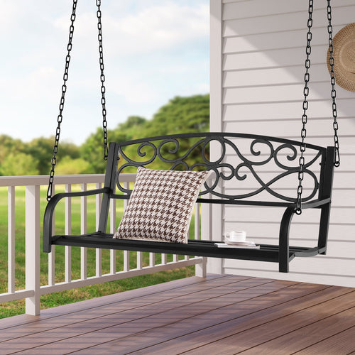 Outdoor 2-Person Metal Porch Swing Chair with Chains, Black