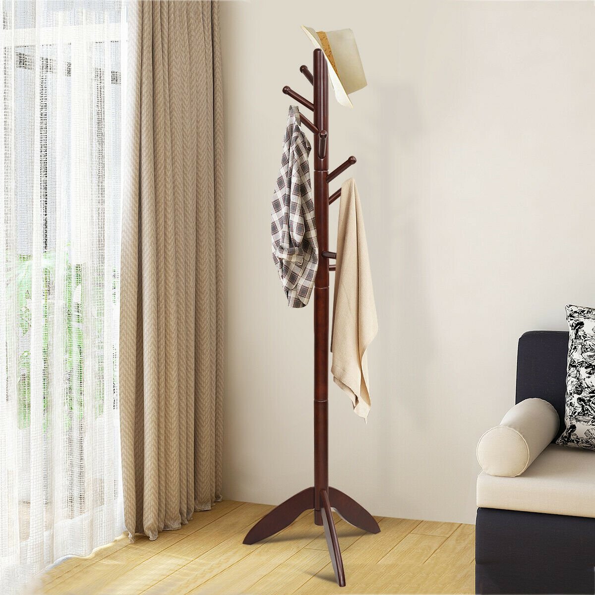 Wooden Free Standing Coat Rack with 11 Hooks, Walnut at Gallery Canada