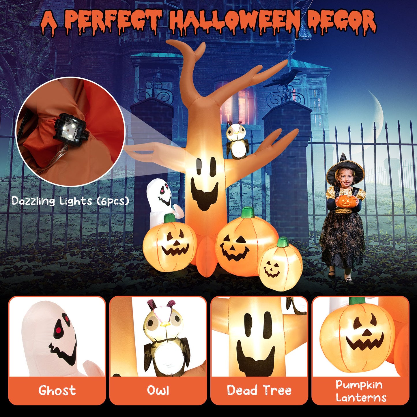 8 Feet Halloween Inflatable Dead Tree with LED Lights, Orange - Gallery Canada