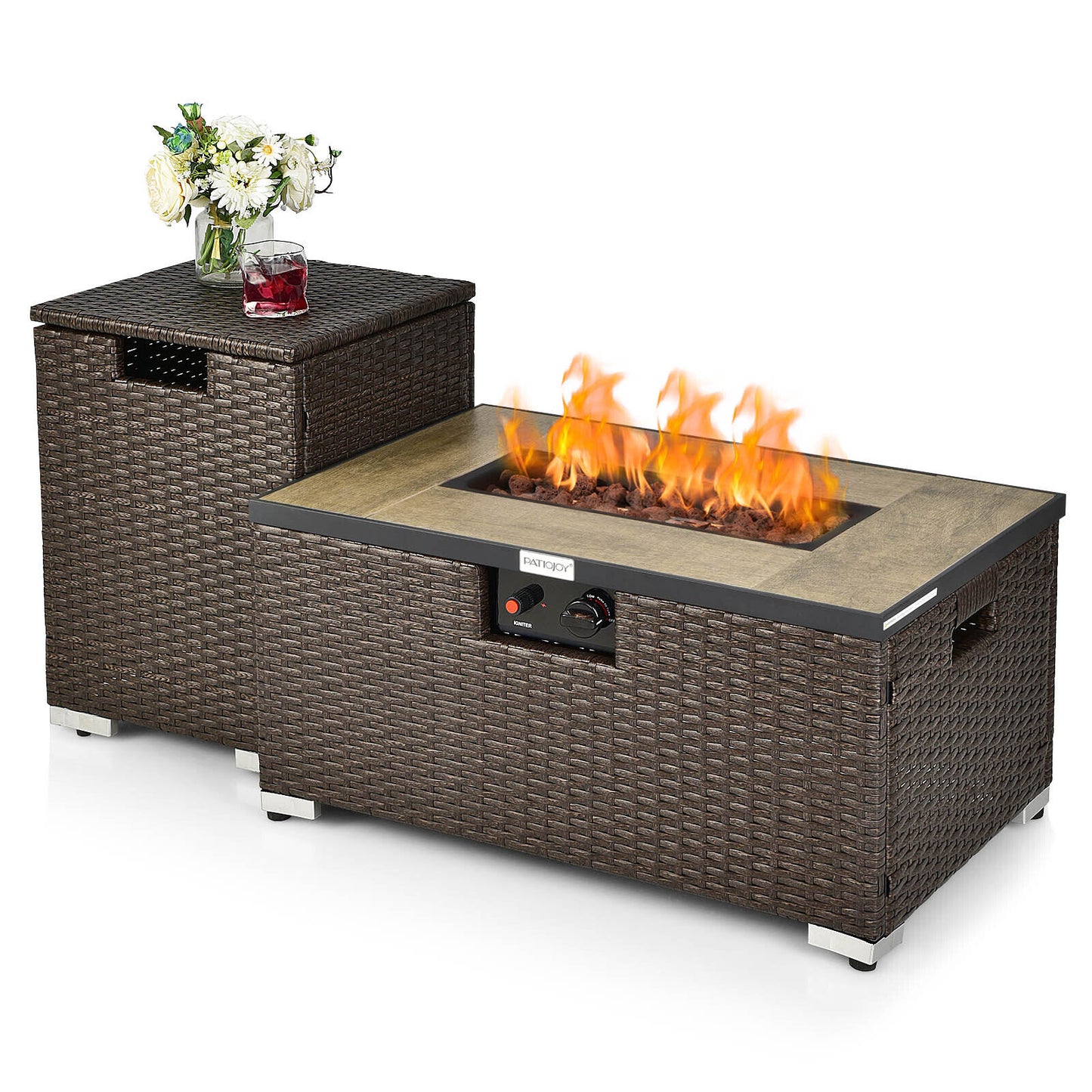 32 Inch x 20 Inch Propane Rattan Fire Pit Table Set with Side Table Tank and Cover, Brown Fire Pit Tables at Gallery Canada