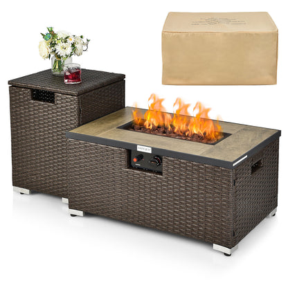 32 Inch x 20 Inch Propane Rattan Fire Pit Table Set with Side Table Tank and Cover, Brown Fire Pit Tables at Gallery Canada