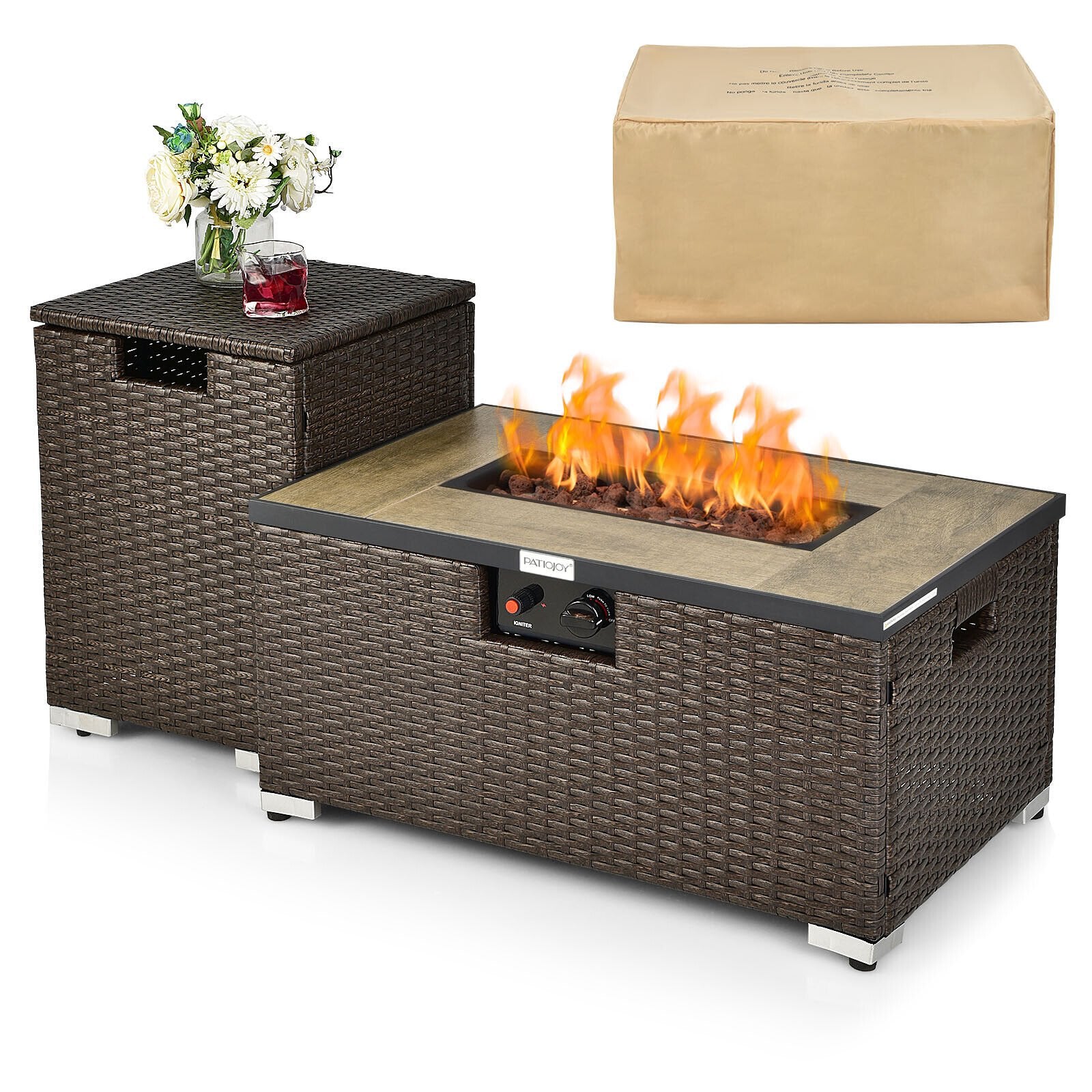 32 Inch x 20 Inch Propane Rattan Fire Pit Table Set with Side Table Tank and Cover, Brown Fire Pit Tables Brown at Gallery Canada