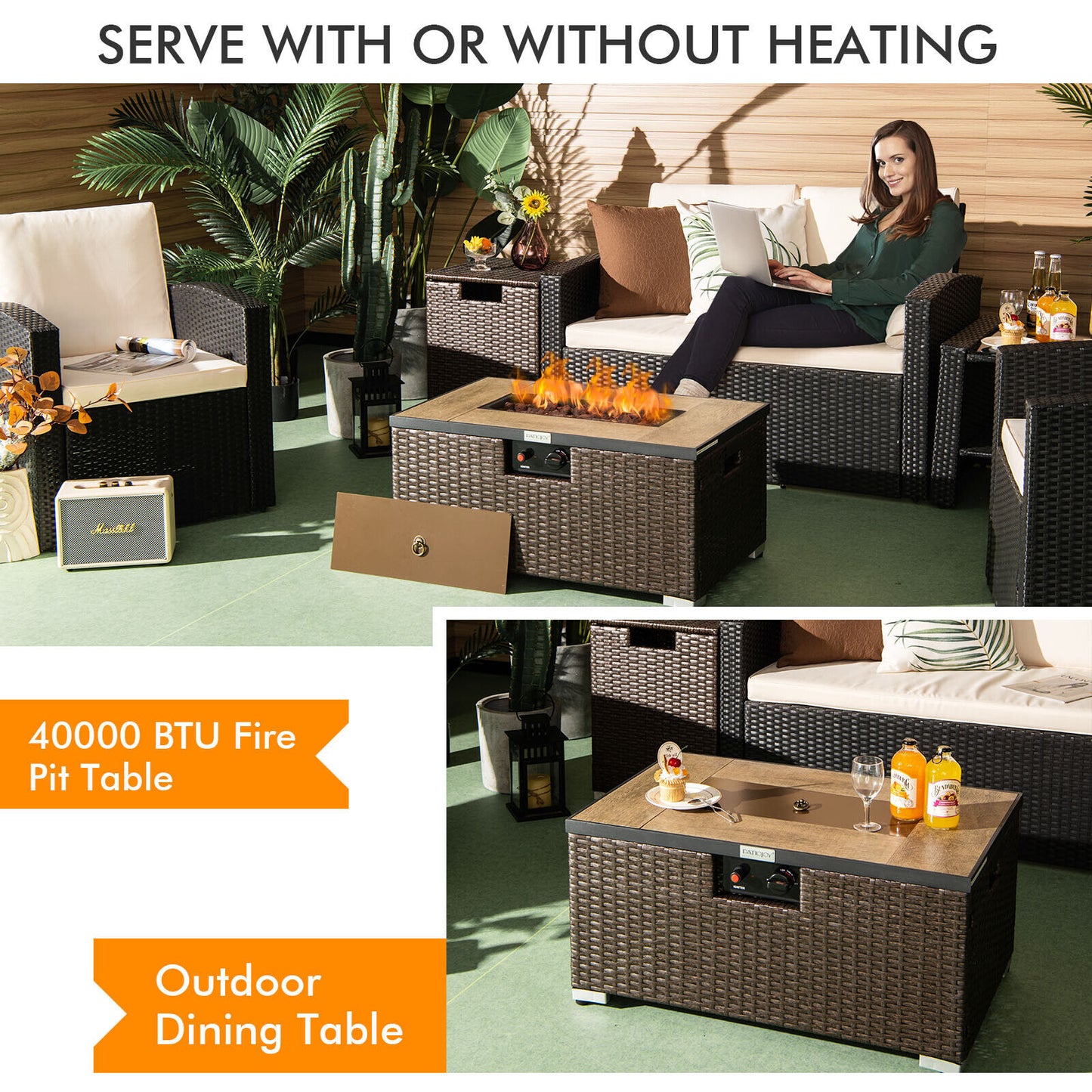 32 Inch x 20 Inch Propane Rattan Fire Pit Table Set with Side Table Tank and Cover, Brown Fire Pit Tables at Gallery Canada