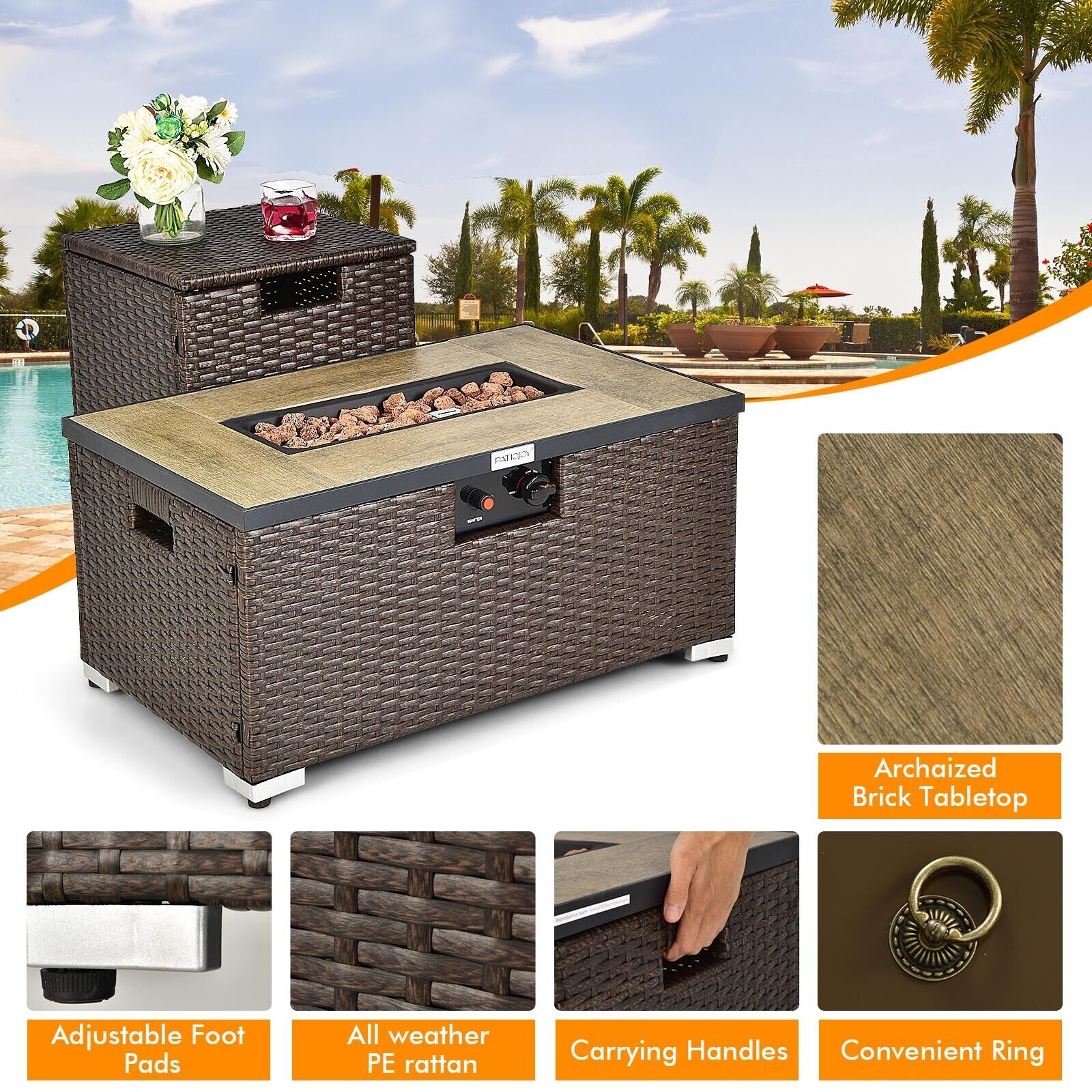 32 Inch x 20 Inch Propane Rattan Fire Pit Table Set with Side Table Tank and Cover, Brown Fire Pit Tables at Gallery Canada