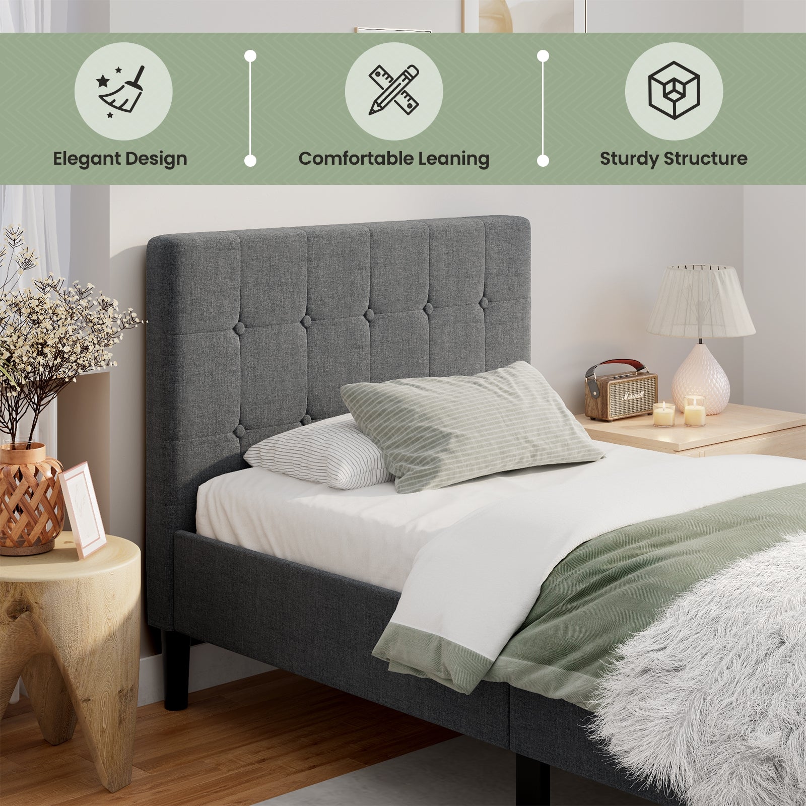 Platform Bed with Button Tufted Headboard, Gray Simple Bed Frame at Gallery Canada