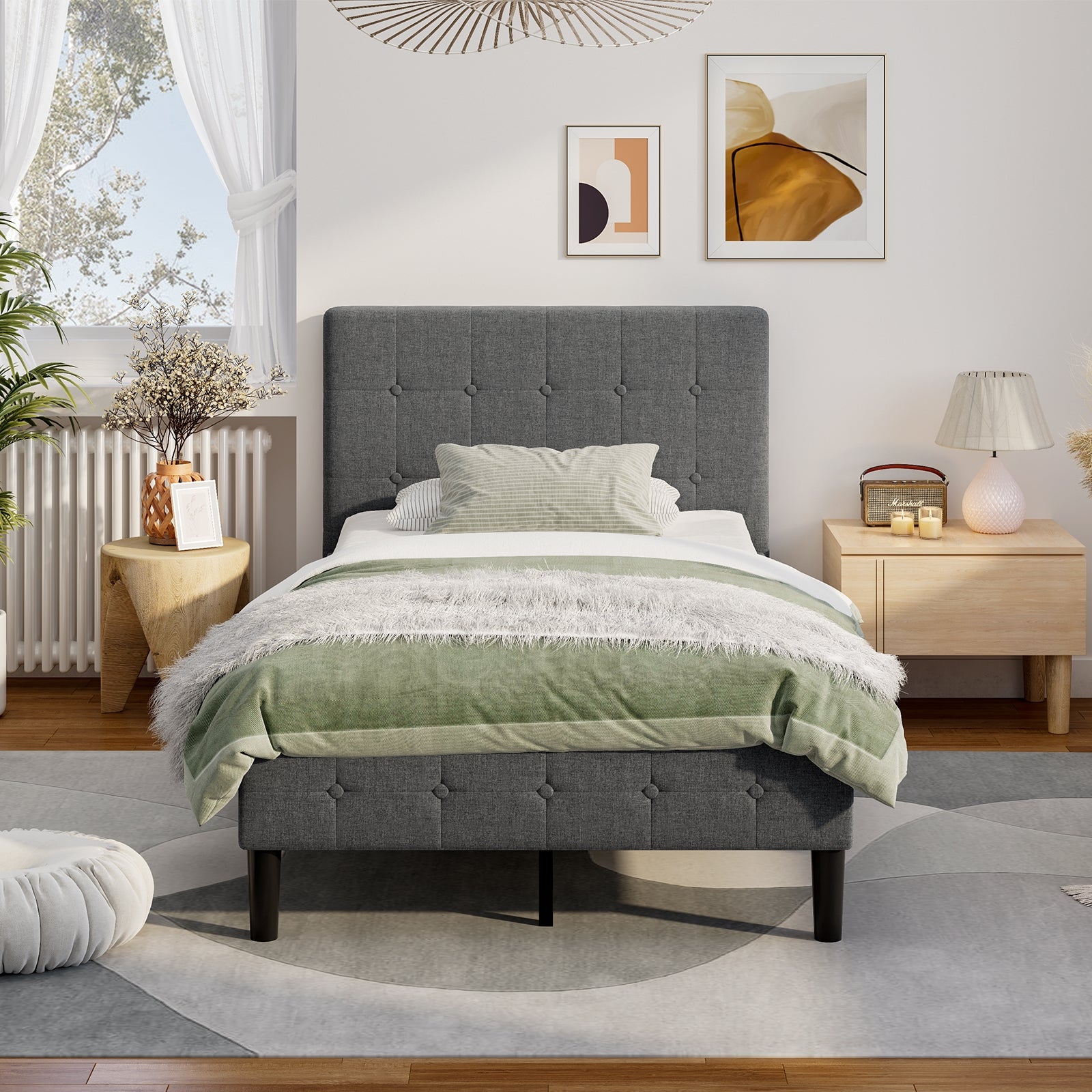 Platform Bed with Button Tufted Headboard, Gray Simple Bed Frame at Gallery Canada