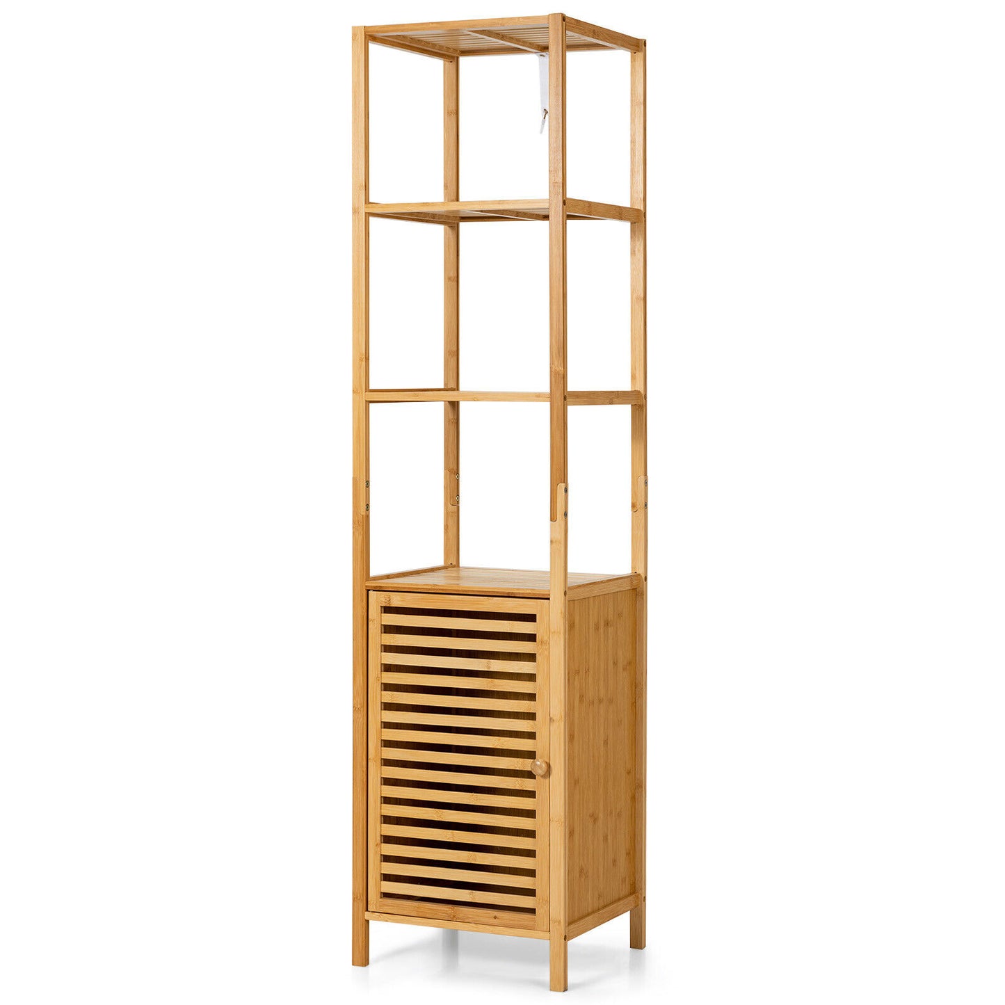 4 Tiers Slim Bamboo Floor Storage Cabinet with Shutter Door and Anti-Toppling Device, Natural Floor Cabinets Natural at Gallery Canada