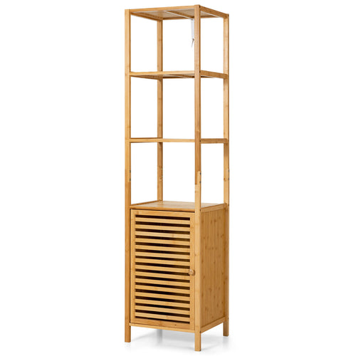 4 Tiers Slim Bamboo Floor Storage Cabinet with Shutter Door and Anti-Toppling Device, Natural