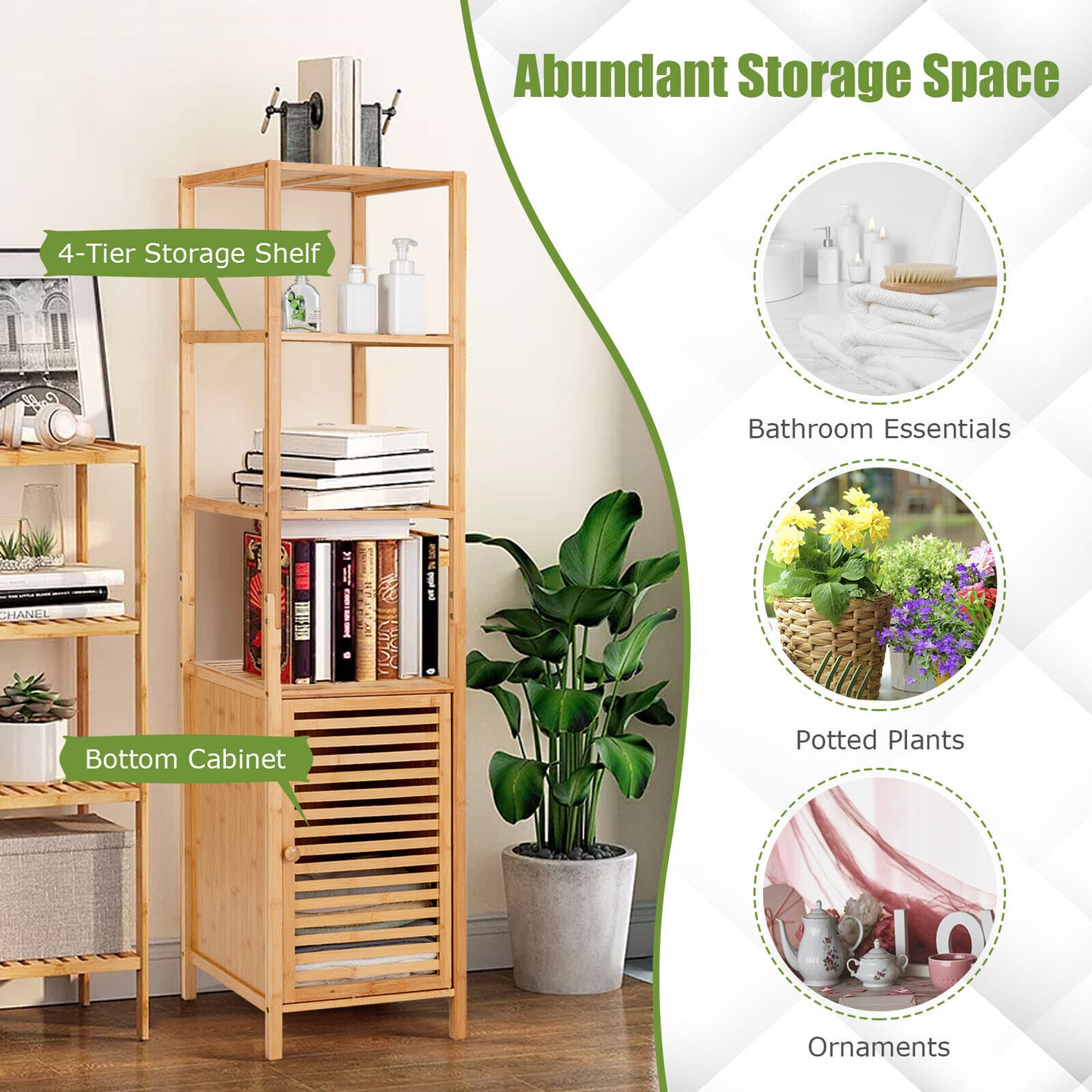 4 Tiers Slim Bamboo Floor Storage Cabinet with Shutter Door and Anti-Toppling Device, Natural Floor Cabinets at Gallery Canada