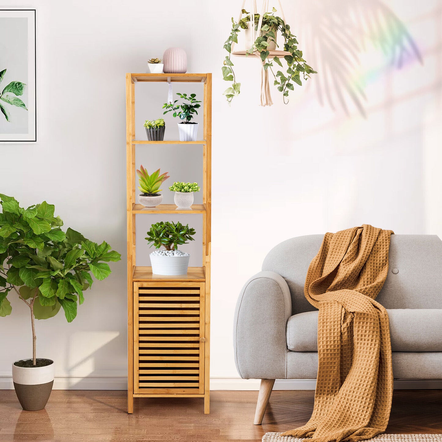 4 Tiers Slim Bamboo Floor Storage Cabinet with Shutter Door and Anti-Toppling Device, Natural Floor Cabinets at Gallery Canada