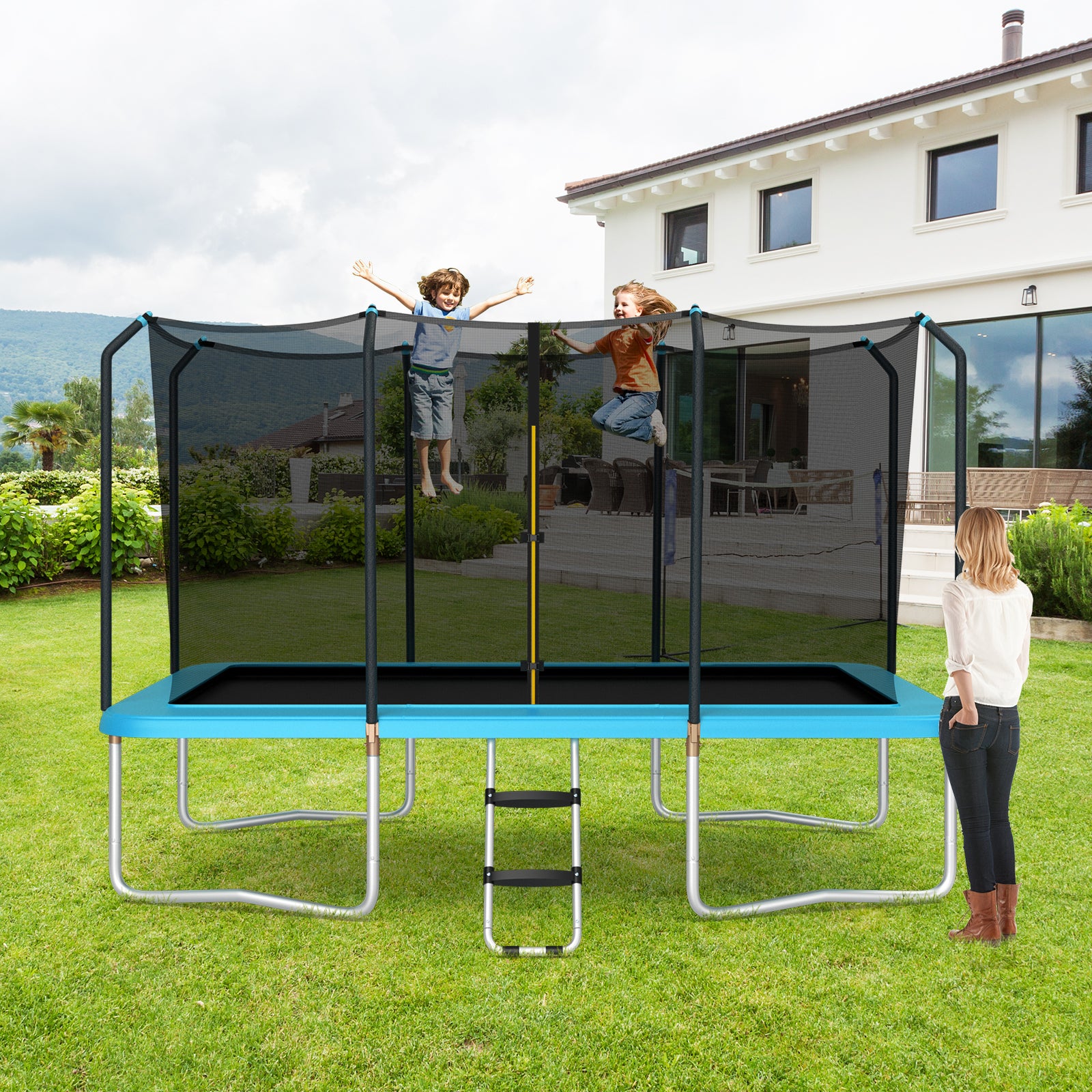 8 x 14 Feet Rectangular Recreational Trampoline with Safety Enclosure Net and Ladder, Blue Trampolines at Gallery Canada