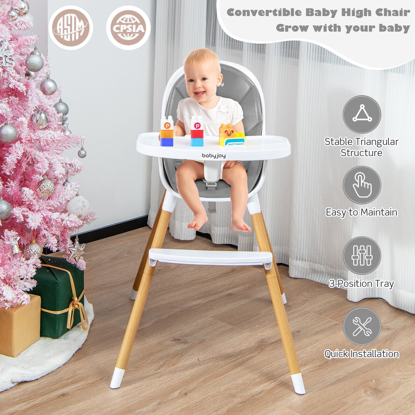 4-in-1 Convertible Baby High Chair Infant Feeding Chair with Adjustable Tray, Gray - Gallery Canada
