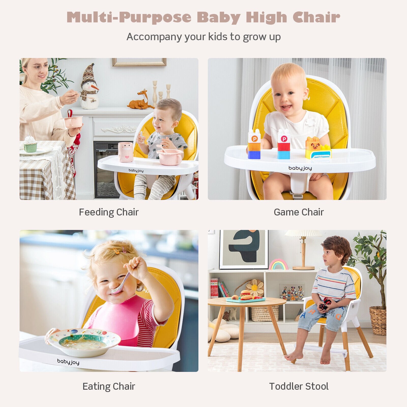 4-in-1 Convertible Baby High Chair Infant Feeding Chair with Adjustable Tray, Yellow at Gallery Canada