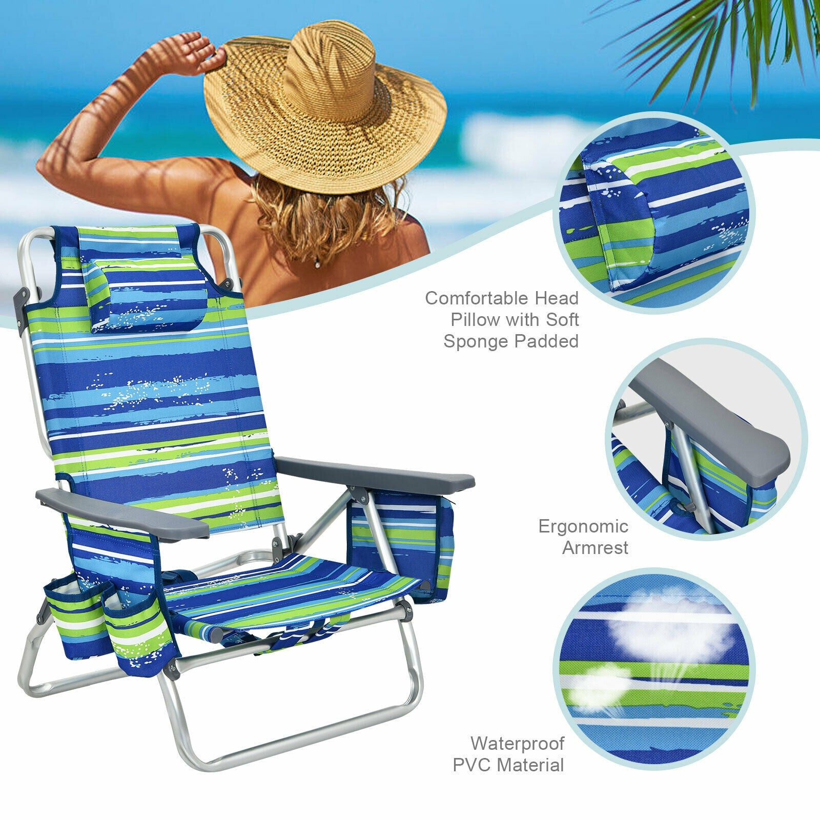 4-Pack 5-Position Folding Backpack Beach Chair, Blue Beach & Lawn Chairs at Gallery Canada