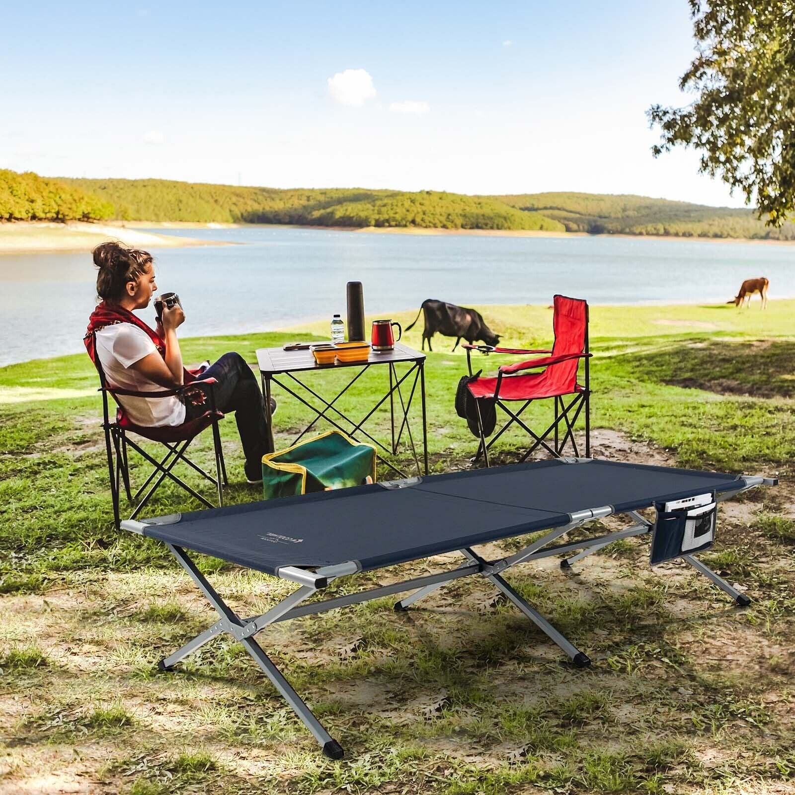 Extra Wide Folding Camping Bed with Carry Bag and Storage Bag, Blue - Gallery Canada