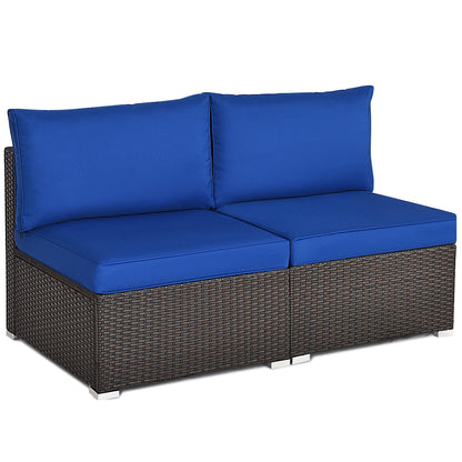 2 Pieces Patio Rattan Armless Sofa Set with 2 Cushions and 2 Pillows, Navy Outdoor Sectionals Navy at Gallery Canada