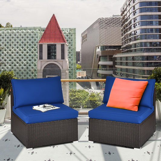 2 Pieces Patio Rattan Armless Sofa Set with 2 Cushions and 2 Pillows, Navy Outdoor Sectionals Navy at Gallery Canada
