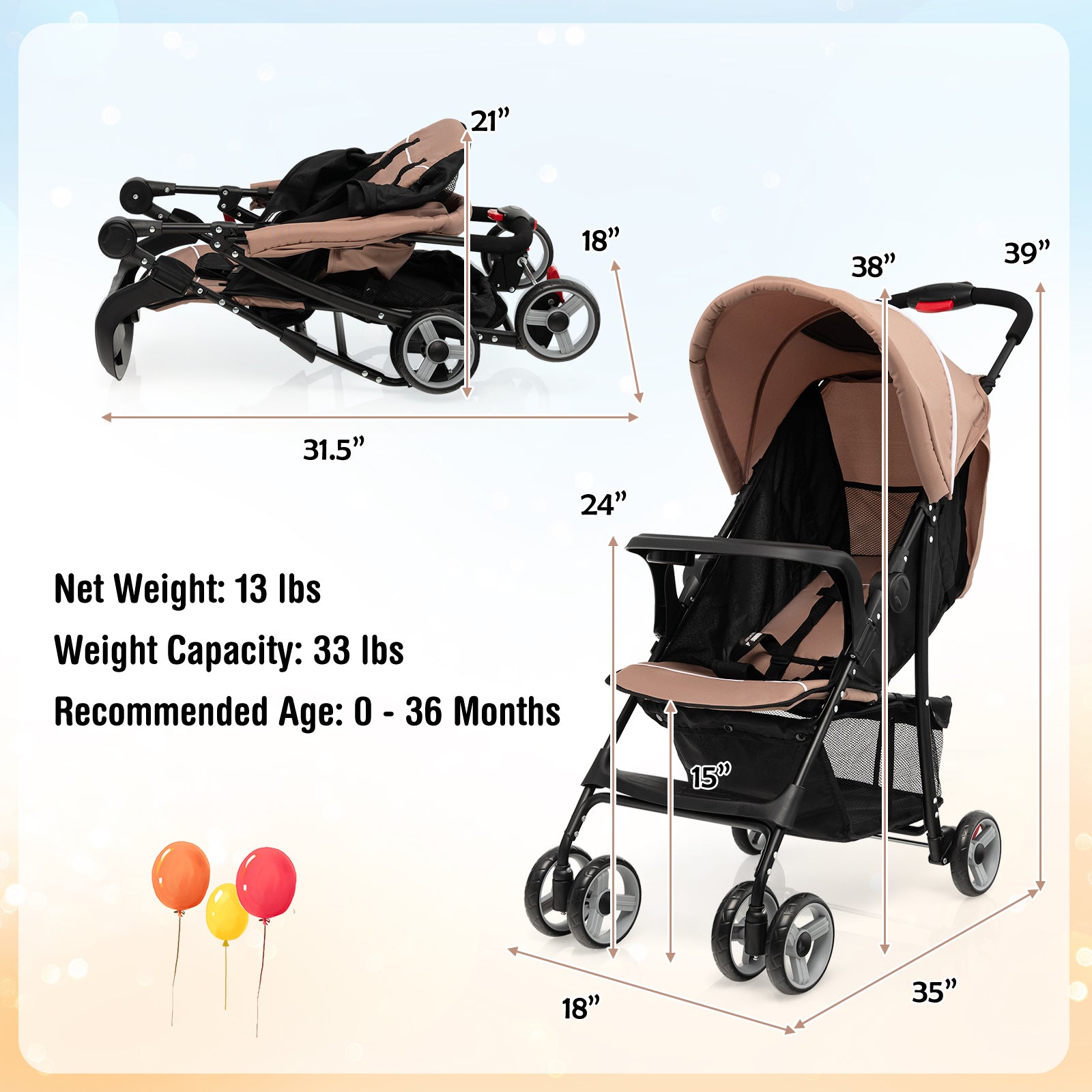 Toddler Travel Stroller for Airplane with Canopy and Adjustable Backrest, Coffee Baby Strollers at Gallery Canada