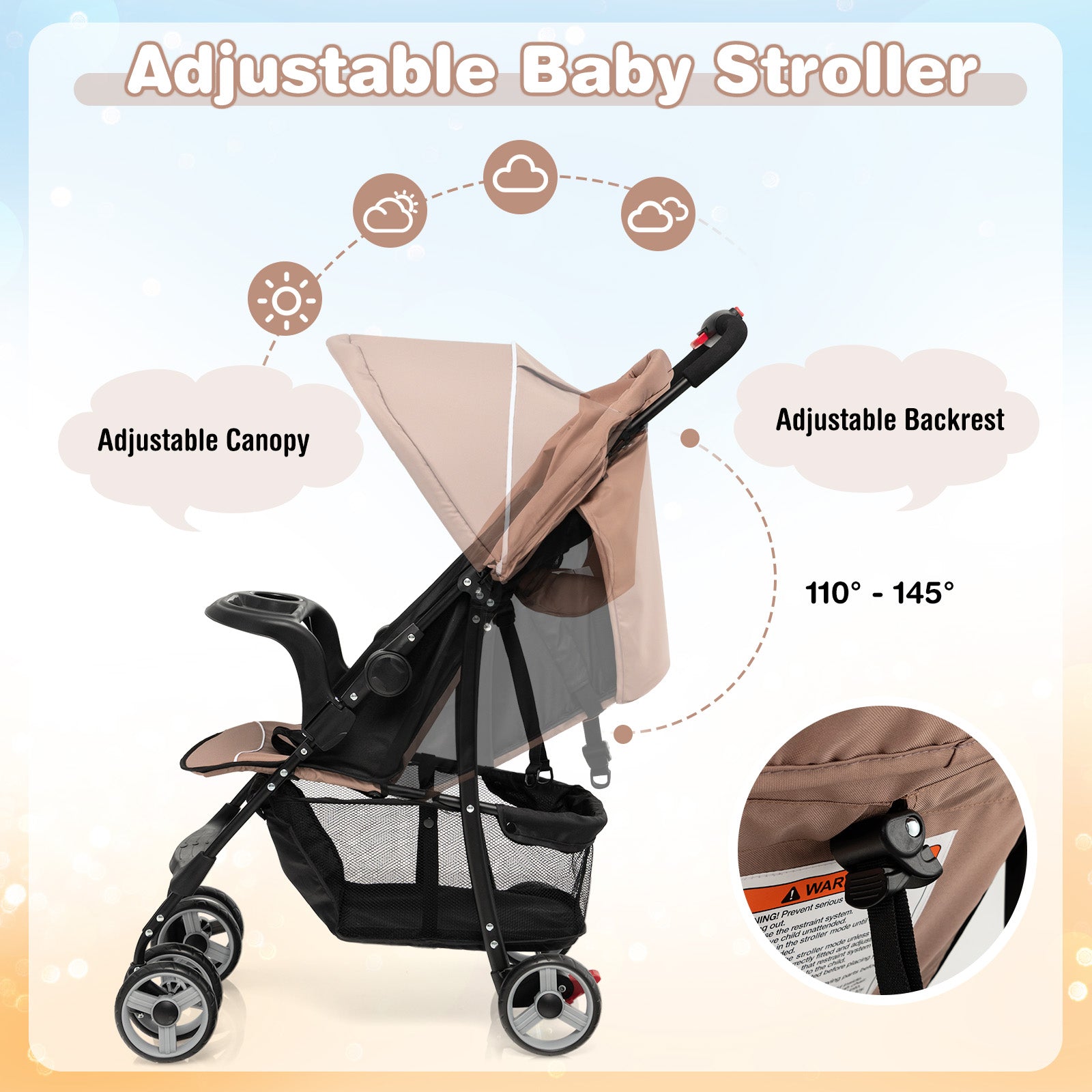 Toddler Travel Stroller for Airplane with Canopy and Adjustable Backrest, Coffee Baby Strollers at Gallery Canada