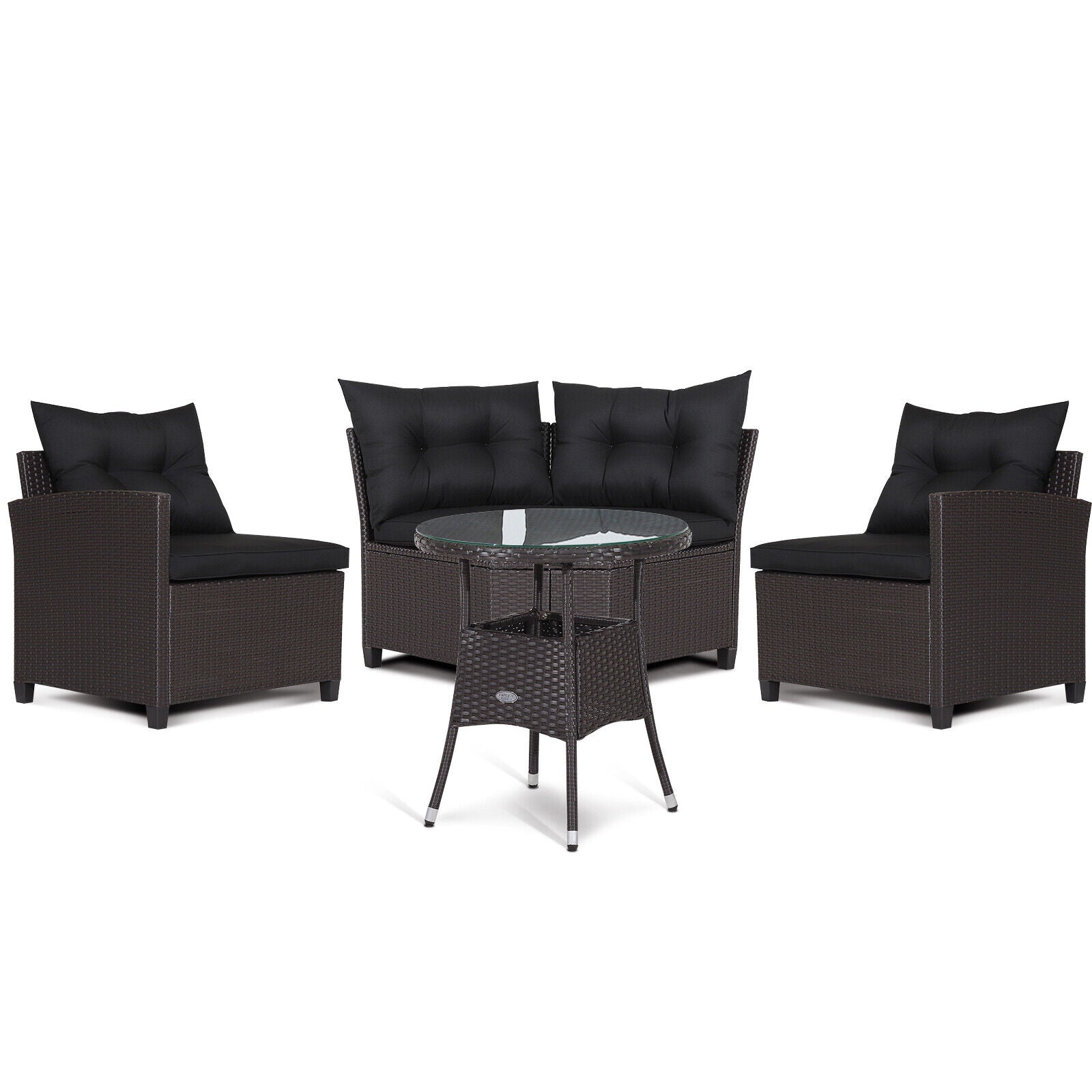 4 Piece Patio Rattan Furniture Set, Cushioned Sofa Glass Table, Black Outdoor Sectionals Black at Gallery Canada