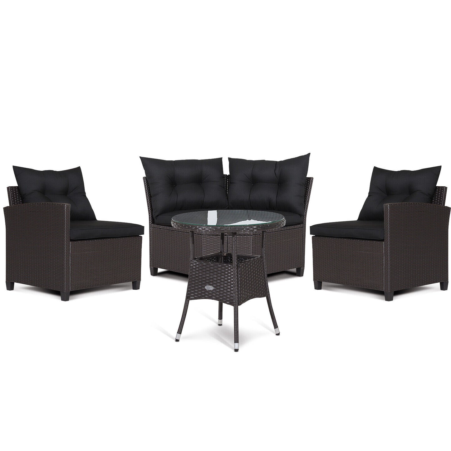 4 Piece Patio Rattan Furniture Set, Cushioned Sofa Glass Table, Black Outdoor Sectionals Black at Gallery Canada
