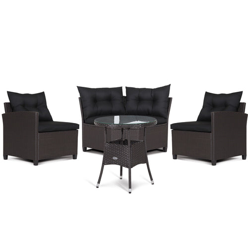 4 Piece Patio Rattan Furniture Set, Cushioned Sofa Glass Table, Black