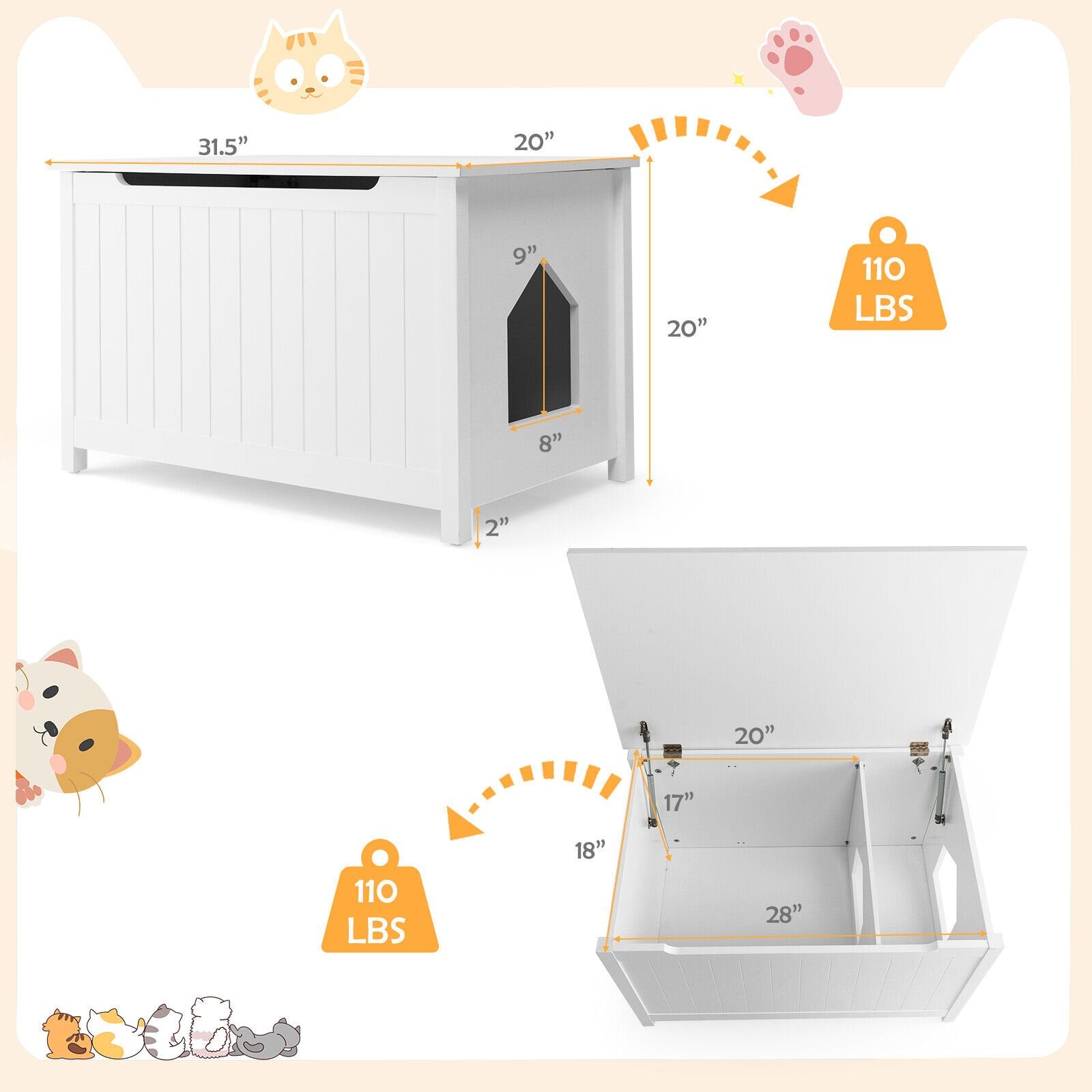 Wooden Cat Litter Box Enclosure with Top Opening Side Table, White - Gallery Canada