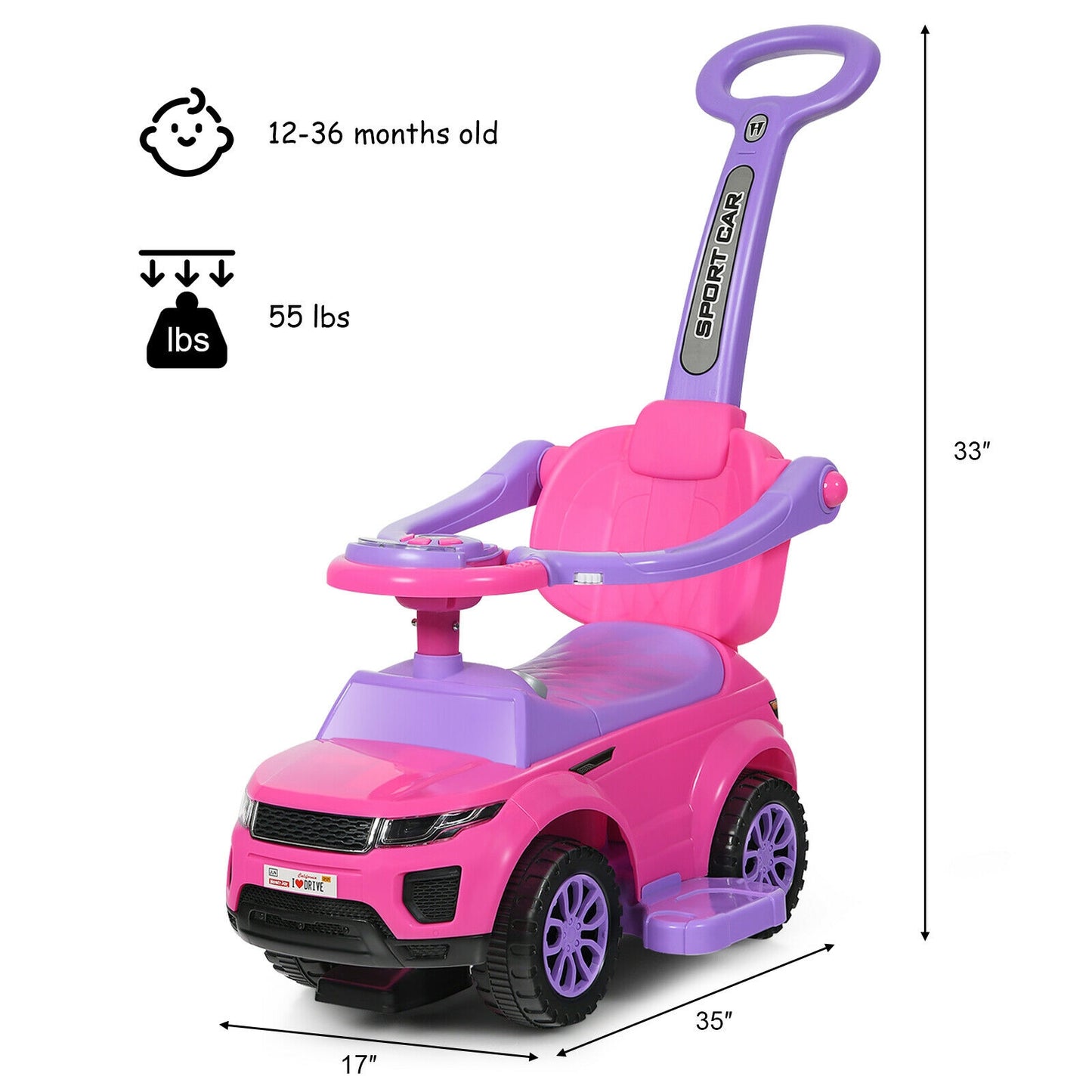3 in 1 Ride on Push Car Toddler Stroller Sliding Car with Music, Pink Push & Pedal Ride On Toys at Gallery Canada