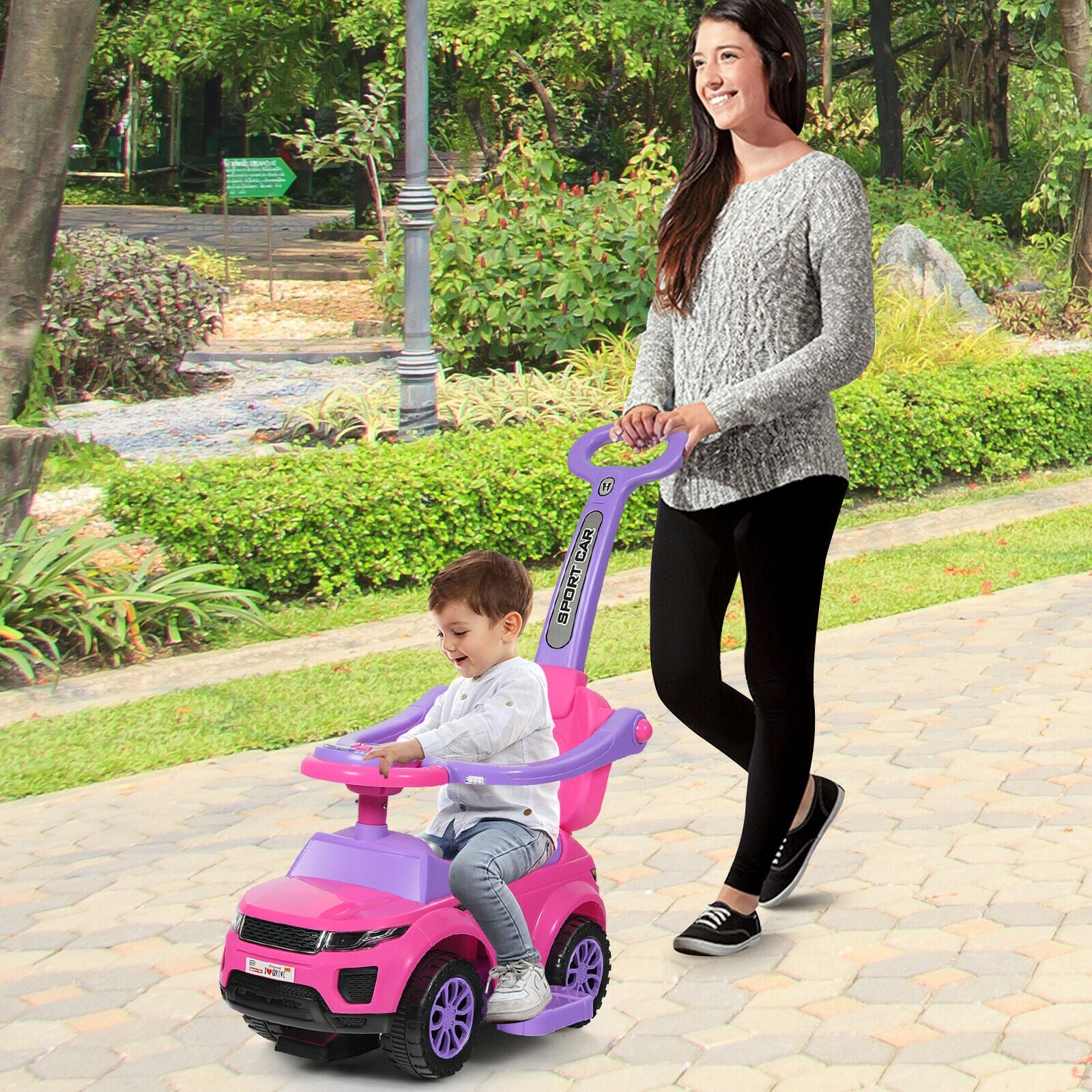3 in 1 Ride on Push Car Toddler Stroller Sliding Car with Music, Pink Push & Pedal Ride On Toys at Gallery Canada