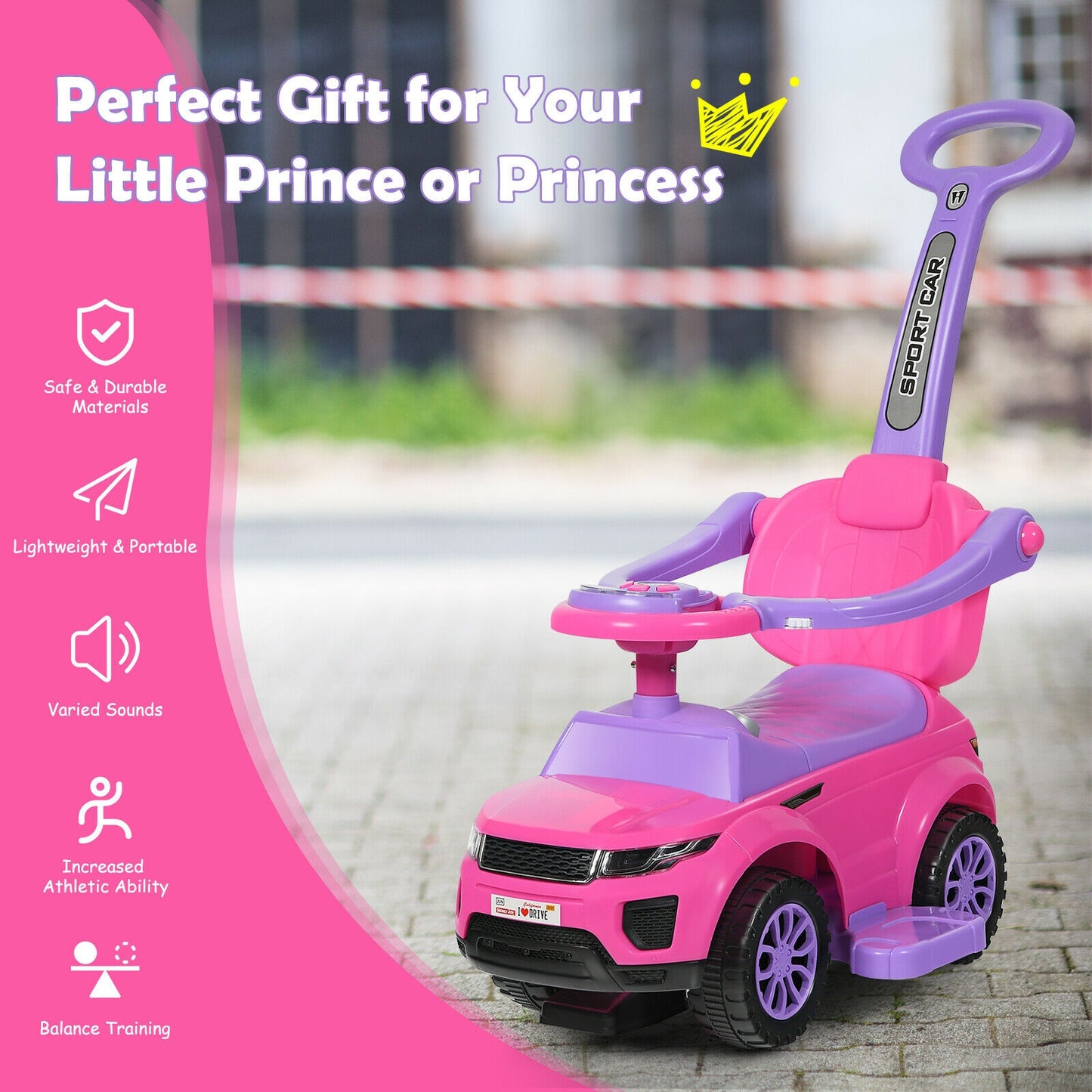 3 in 1 Ride on Push Car Toddler Stroller Sliding Car with Music, Pink Push & Pedal Ride On Toys at Gallery Canada