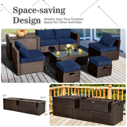 8 Pieces Patio Space-Saving Rattan Furniture Set with Storage Box and Waterproof Cover, Navy Outdoor Sectionals at Gallery Canada