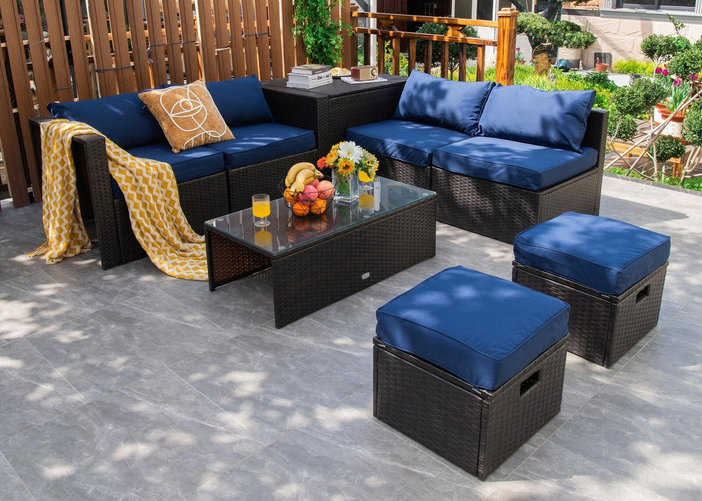 8 Pieces Patio Space-Saving Rattan Furniture Set with Storage Box and Waterproof Cover, Navy Outdoor Sectionals at Gallery Canada