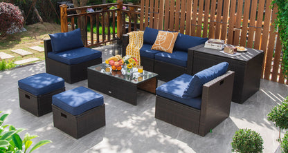 8 Pieces Patio Space-Saving Rattan Furniture Set with Storage Box and Waterproof Cover, Navy Outdoor Sectionals at Gallery Canada