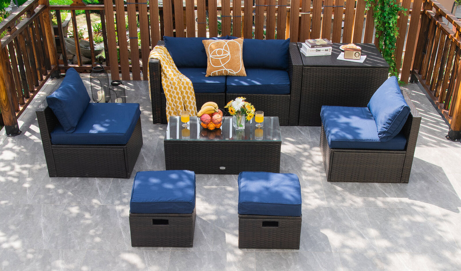 8 Pieces Patio Space-Saving Rattan Furniture Set with Storage Box and Waterproof Cover, Navy Outdoor Sectionals at Gallery Canada