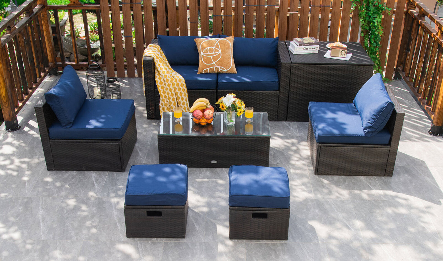 8 Pieces Patio Space-Saving Rattan Furniture Set with Storage Box and Waterproof Cover, Navy Outdoor Sectionals at Gallery Canada