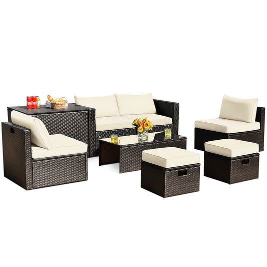 8 Piece Patio Rattan Furniture Set, With Storage Box And Waterproof Cover, White Outdoor Sectionals White at Gallery Canada