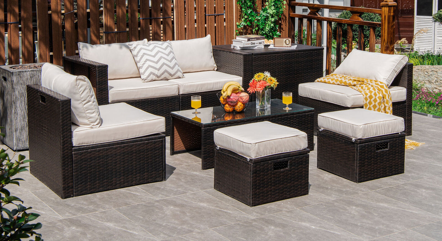 8 Pieces Patio Space-Saving Rattan Furniture Set with Storage Box and Waterproof Cover, White Outdoor Sectionals at Gallery Canada