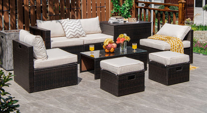 8 Pieces Patio Space-Saving Rattan Furniture Set with Storage Box and Waterproof Cover, White Outdoor Sectionals at Gallery Canada