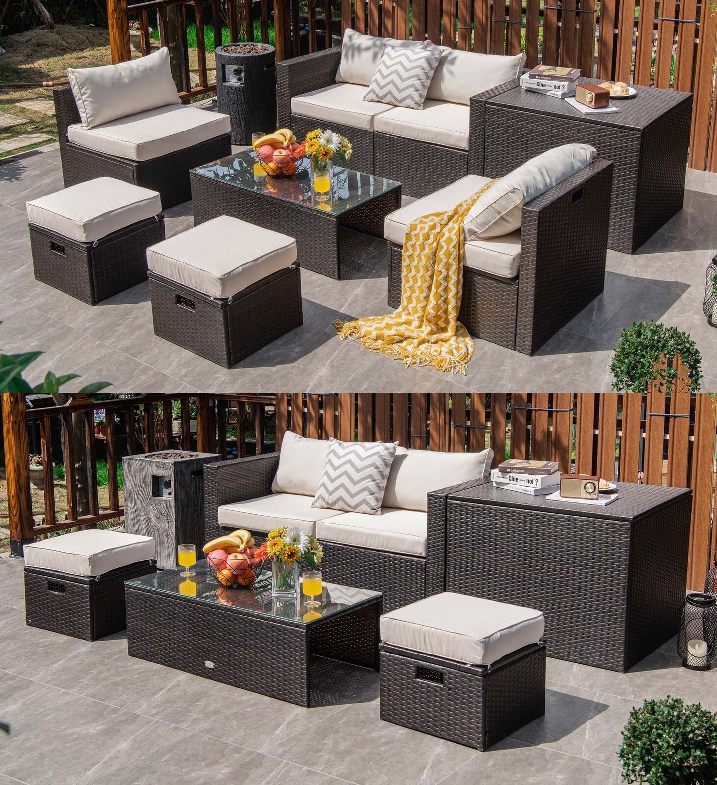 8 Pieces Patio Space-Saving Rattan Furniture Set with Storage Box and Waterproof Cover, White Outdoor Sectionals at Gallery Canada